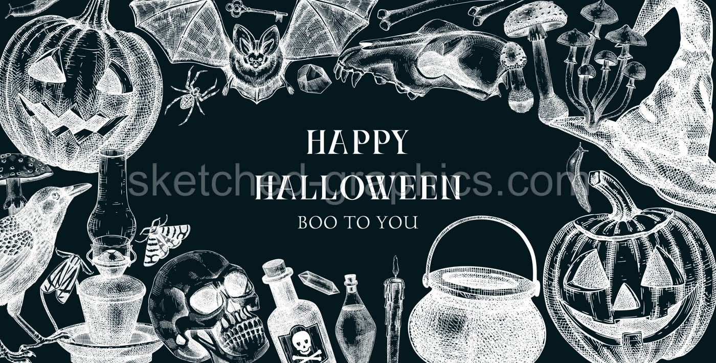 Halloween frame design on chalkboard. Hand drawn vector illustrations. Skull, bones, Halloween pumpkin, poisonous mushrooms, snakes, witch sketches. Halloween party invitation, card template, banner Illustration